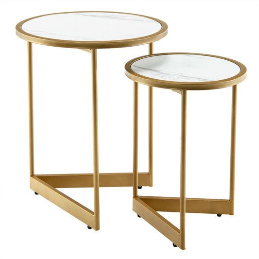 Round Nesting Table Set of 2 with Marble-like Tabletop for the Living Room