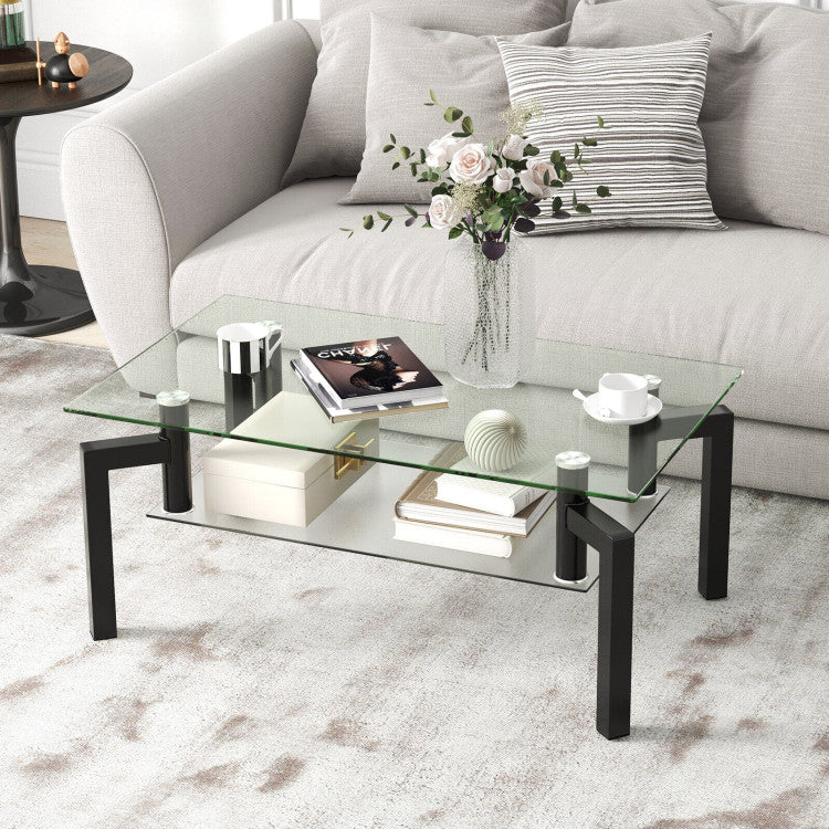 2-Tier Rectangular Glass Coffee Table with Metal Tube Legs
