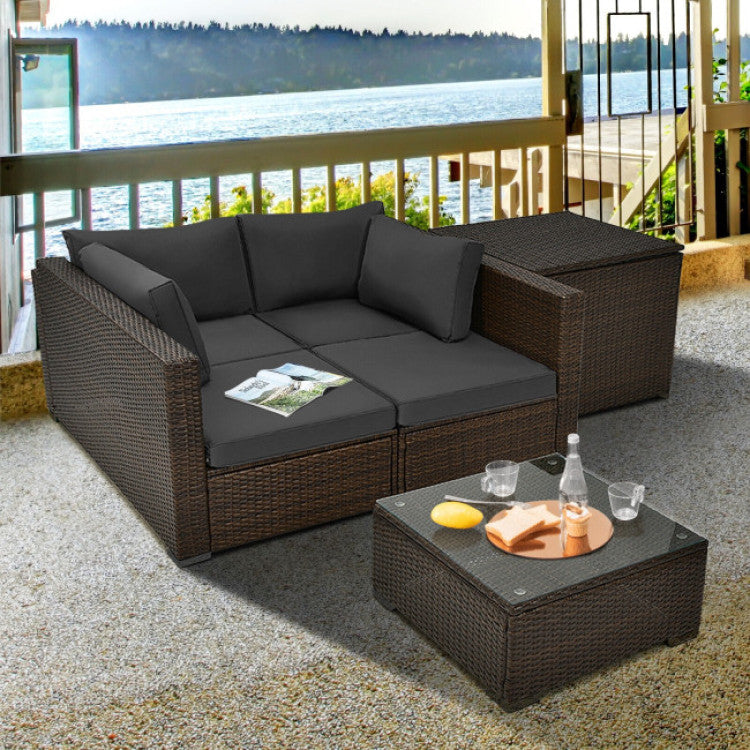 4 Piece Patio Rattan Cushioned Furniture Set with Armrest and Storage Box