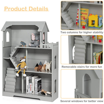 Kids Wooden Dollhouse Bookshelf with Anti-Tip Design and Storage Space
