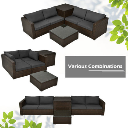 4 Piece Patio Rattan Cushioned Furniture Set with Armrest and Storage Box