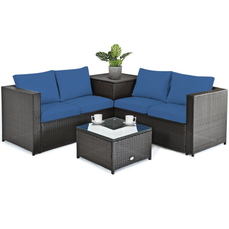 4 Piece Outdoor Patio Rattan Furniture Set with Loveseat and Storage Box