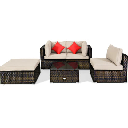 5 Piece Outdoor Patio Rattan Furniture Set Sectional Conversation with Cushions