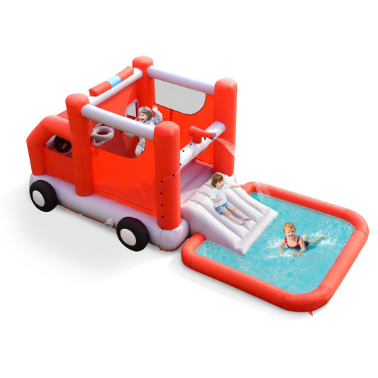 Fire Truck Themed Inflatable Kids Bounce House with 480W Blower