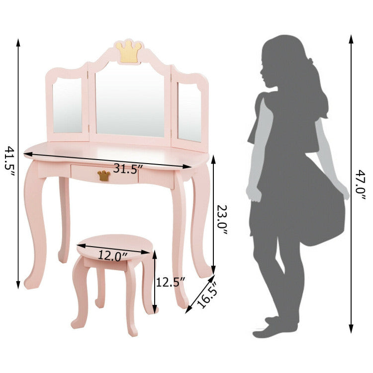 Kids Makeup Dressing Table with Tri-folding Mirror and Stool