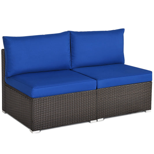 2 Piece Patio Rattan Armless Sofa Set with 2 Cushions and 2 Pillows
