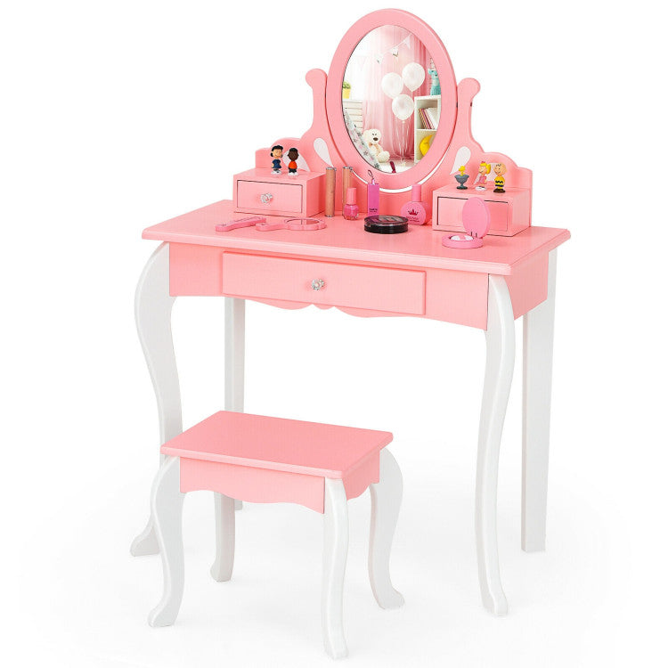 Kids Princess Makeup Dressing Vanity Set with Mirror and Drawer
