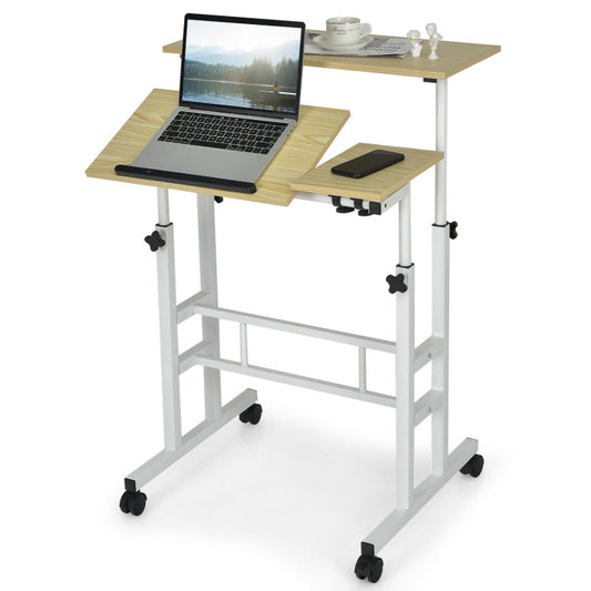 Mobile Stand-Up Computer Desk with Two Tilting Desktops