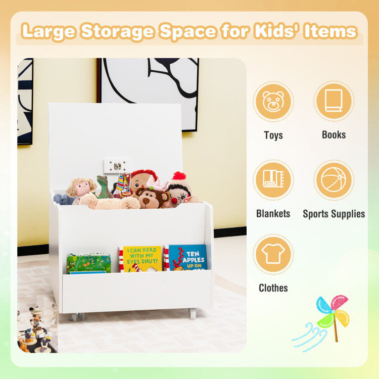 Wooden Mobile Toy Storage Organizer with Bookshelf and Lockable Wheels