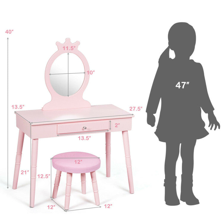 Kids Wooden Princess Makeup Table with Cushioned Stool