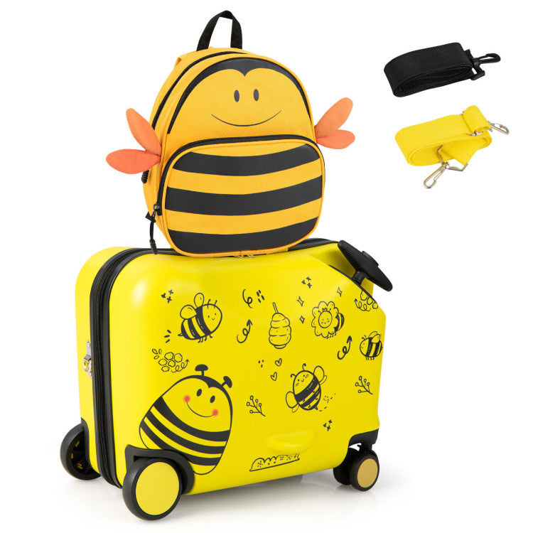 2 Piece 18-Inch Ride-on Kids Luggage Set with Spinner Wheels and Bee Pattern