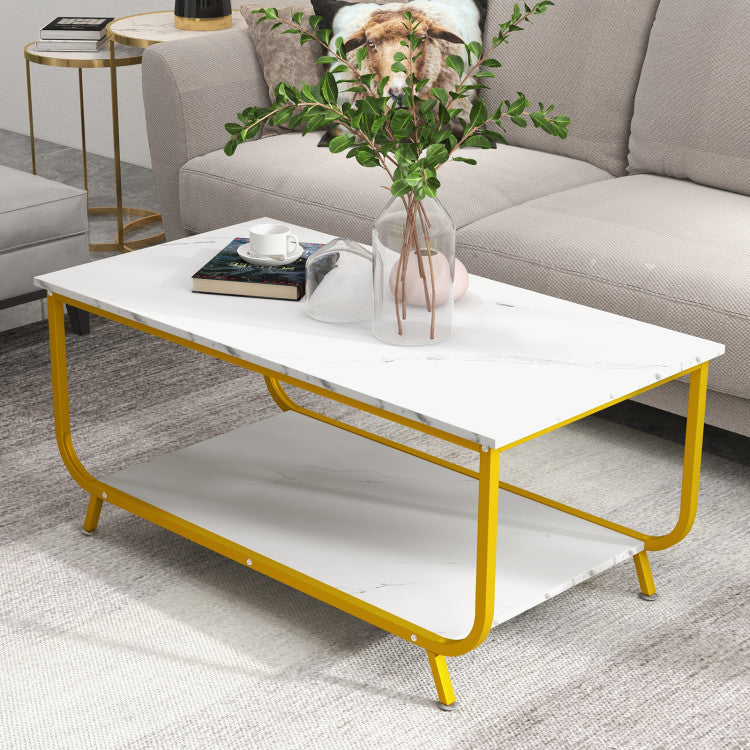 2-Tier Faux Marble Top Rectangular Coffee Table with Metal Frame