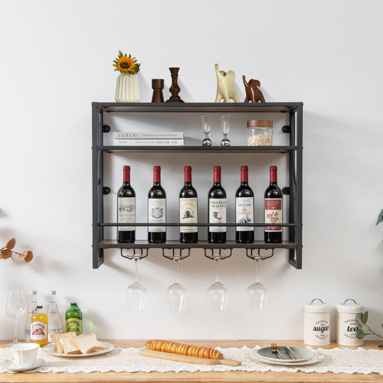 3-Tier Industrial Wall-Mounted Wine Rack with Glass Holder and Metal Frame