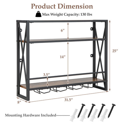 3-Tier Industrial Wall-Mounted Wine Rack with Glass Holder and Metal Frame