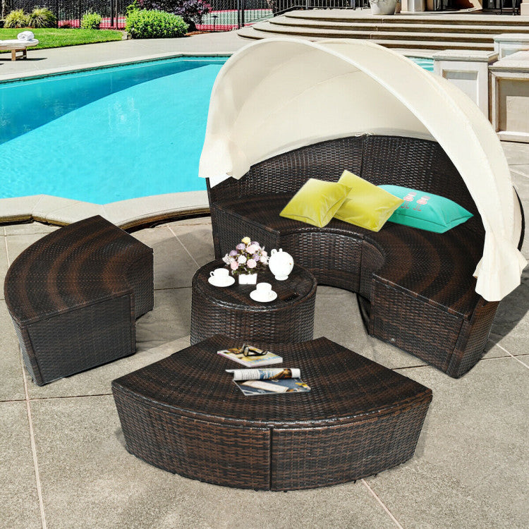 Patio Round Rattan Daybed with Retractable Canopy and Height-Adjustable Coffee Table
