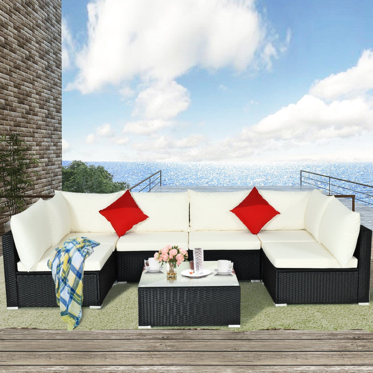 7-Piece Sectional Wicker Furniture Sofa Set with Tempered Glass Top