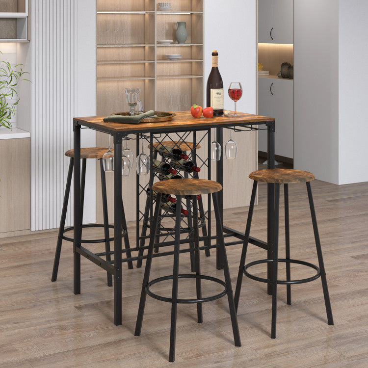 5 Pieces Bar Table and Stools Set with Wine Rack and Glass Holder