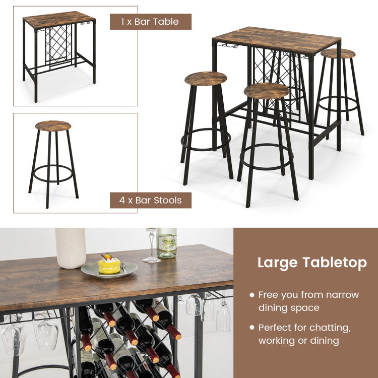 5 Pieces Bar Table and Stools Set with Wine Rack and Glass Holder