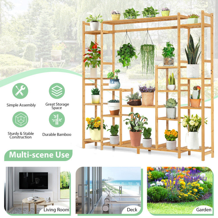 9-Tier Bamboo Plant Stand with Hanging Rack