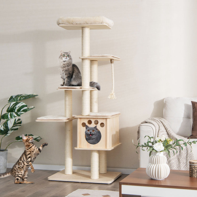 67-Inch Modern Cat Tree Tower with Top Perch and Sisal Rope Scratching Posts