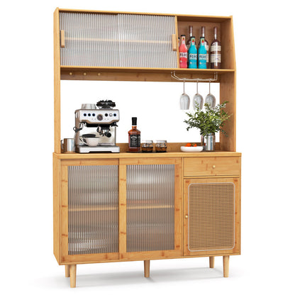69-Inch Wine Bar Kitchen Cabinet with Sliding Tempered Glass and Rattan Door