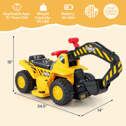 6V Electric Kids Ride on Excavator Pretend Play Toy Tractor with Basketball Hoop