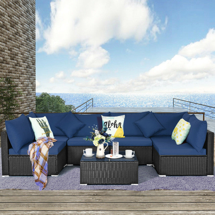 7-Piece Sectional Wicker Furniture Sofa Set with Tempered Glass Top