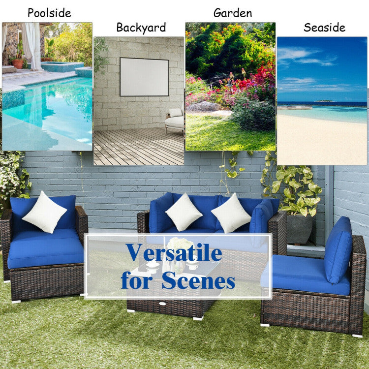 6 Piece Patio Rattan Furniture Set with Sectional Cushion