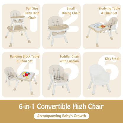 6-in-1 Convertible Baby High Chair with Removable Double Tray and PU Cushion
