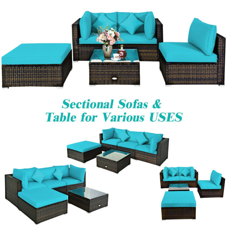 5 Piece Outdoor Patio Rattan Furniture Set Sectional Conversation with Cushions