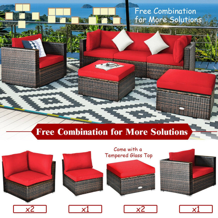 6 Piece Patio Rattan Furniture Set with Sectional Cushion