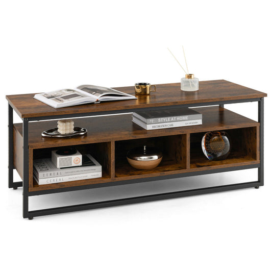 3-Tier Industrial-Style Coffee Table with Open Shelf and 3 Storage Cubbies