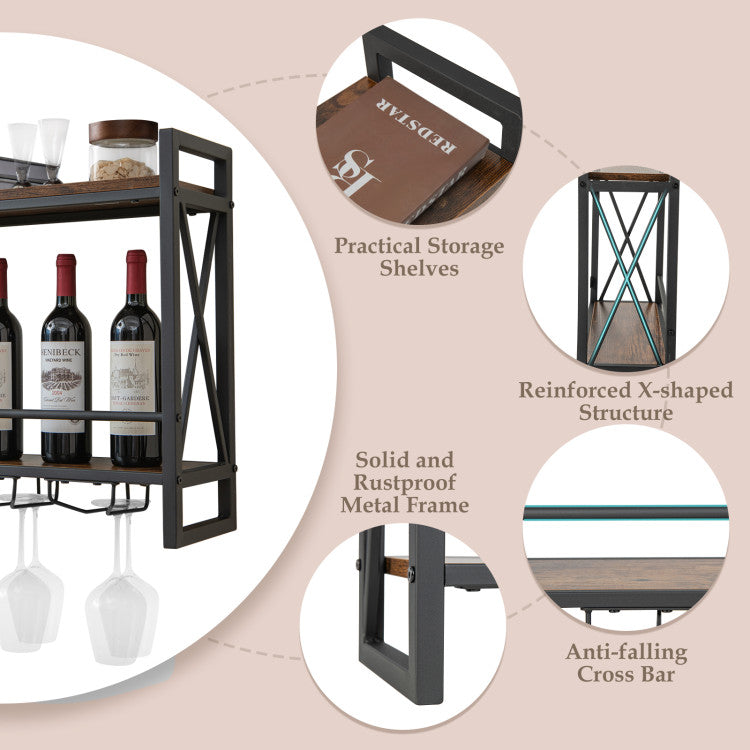 Industrial Wall-Mounted Wine Rack with 3 Stem Glass Holders