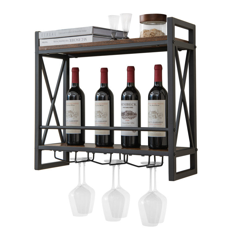 Industrial Wall-Mounted Wine Rack with 3 Stem Glass Holders