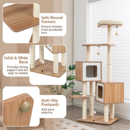 Modern Wooden Cat Tree with Perch Condos and Washable Cushions