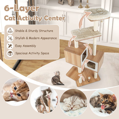 Modern Wooden Cat Tree with Perch Condos and Washable Cushions