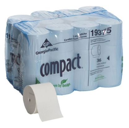 GEORGIA-PACIFIC Toilet Paper - White, 2 Ply, Compact, Coreless, ECOLOGO, Green Seal and USDA Certified Biobased Product, 36 PK, 1000 Sheets per Roll