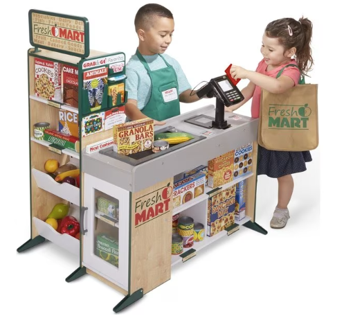 Melissa & Doug Fresh Mart Grocery Store - Materials Wood, Plastic, Metal, Electronics, Color Multi, Recommended Age 3+ Years, includes 45 pieces