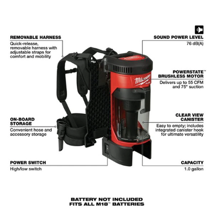 Milwaukee Tool M18 FUEL 3-in-1 Backpack Vacuum, 1 Gal Capacity, Bagless, 76 dB Sound Level - Cordless Power, Rechargeable, 15.2 lb Weight, 9-31/32" L