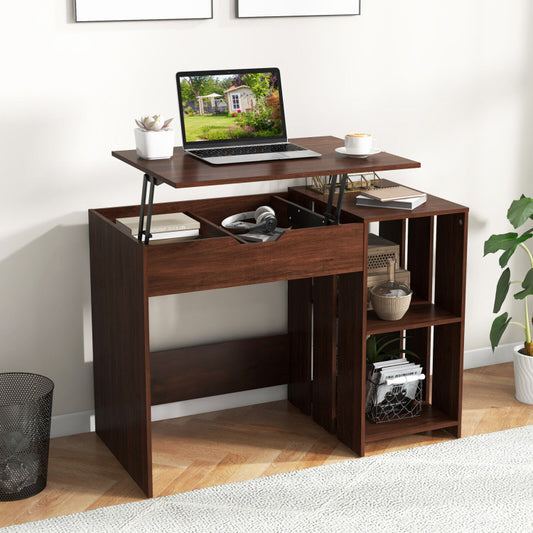Lift-Top Modern Computer Desk with 2 Hidden Compartments and 2 Open Storage Shelves