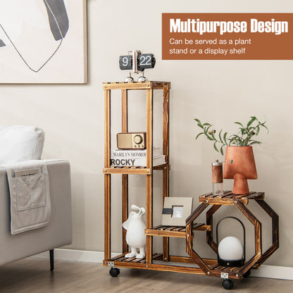 6-Layer Wooden Plant Stand with Wheels for 6 Pots
