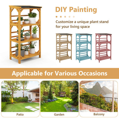 3-Tier Wooden Plant Stand with Weatherproof Asphalt Roof for Patio