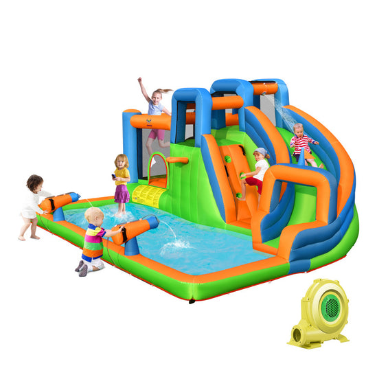 7-in-1 Inflatable Giant Water Park with Dual Climbing Walls and 735W Blower