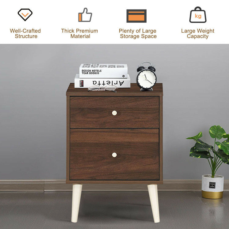 Freestanding Bedside Nightstand  with 2 Storage Drawers and Rubber Legs
