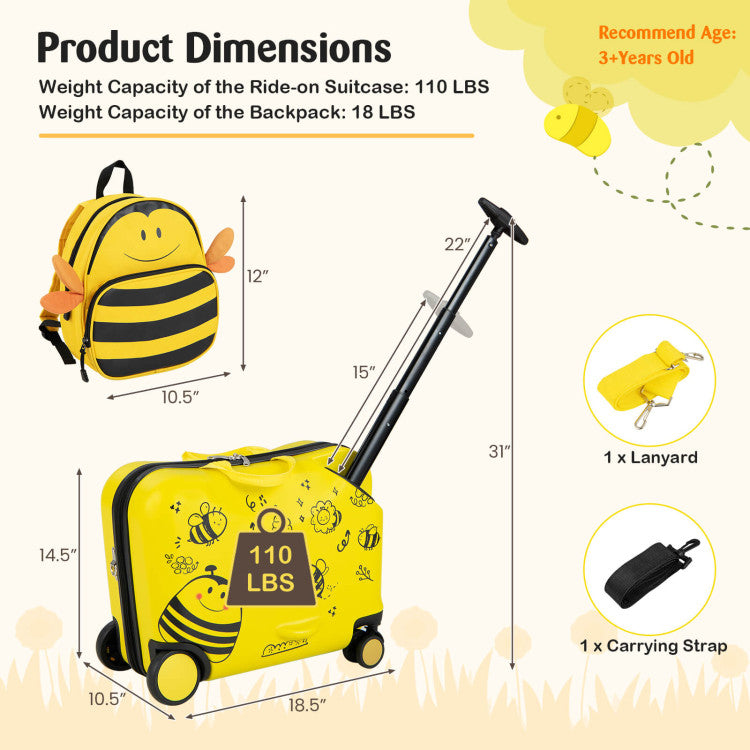 2 Piece 18-Inch Ride-on Kids Luggage Set with Spinner Wheels and Bee Pattern