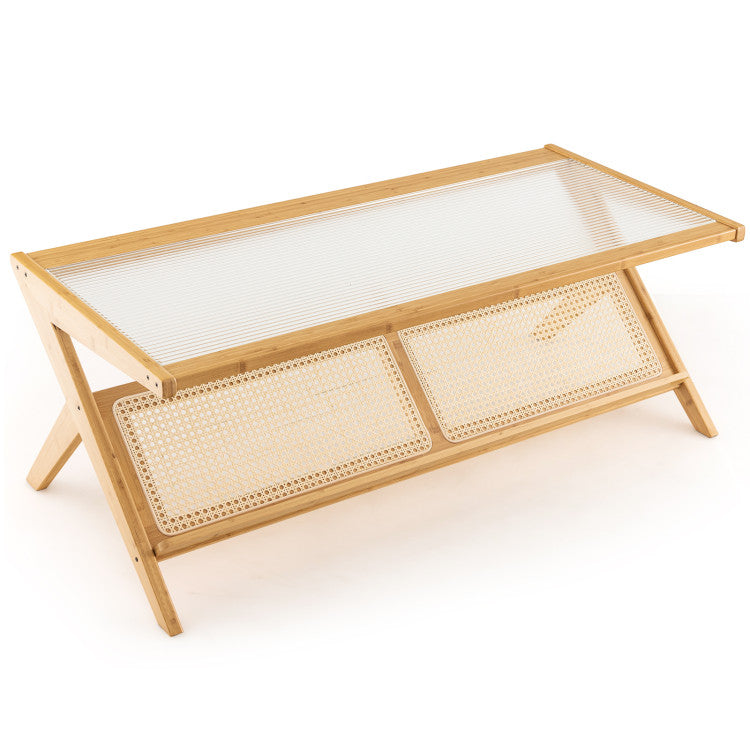 Z-Shaped Handwoven Bamboo Coffee Table with Tempered Glass Top