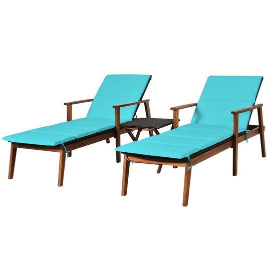 3-Piece Portable Patio Cushioned Rattan Lounge Chair Set with Folding Table