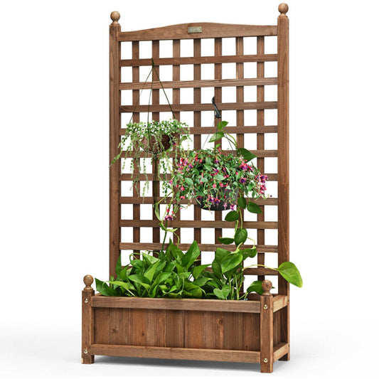 Solid Freestanding Wood Planter Box with Trellis for Garden
