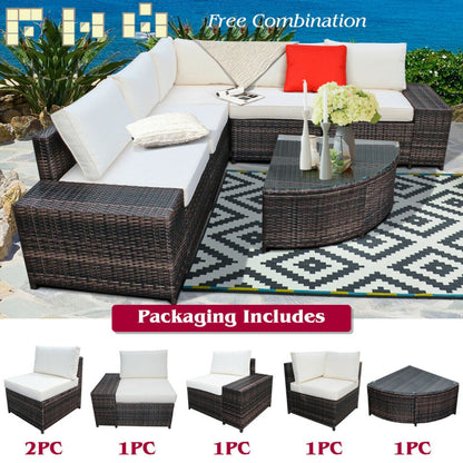 6-Piece Wicker Patio Sectional Sofa Set with Tempered Glass Coffee Table