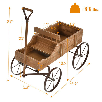 Wooden Wagon Plant Bed with Metal Wheels for Garden Yard Patio